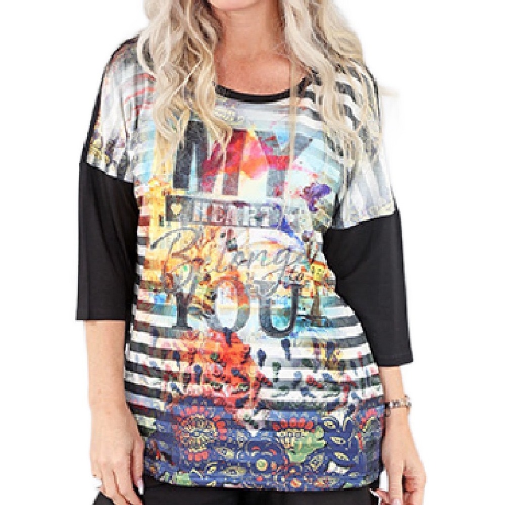 Michael Tyler "My Heart" Graphic Tee - Striped Mixed Media Art Top - Women's XL